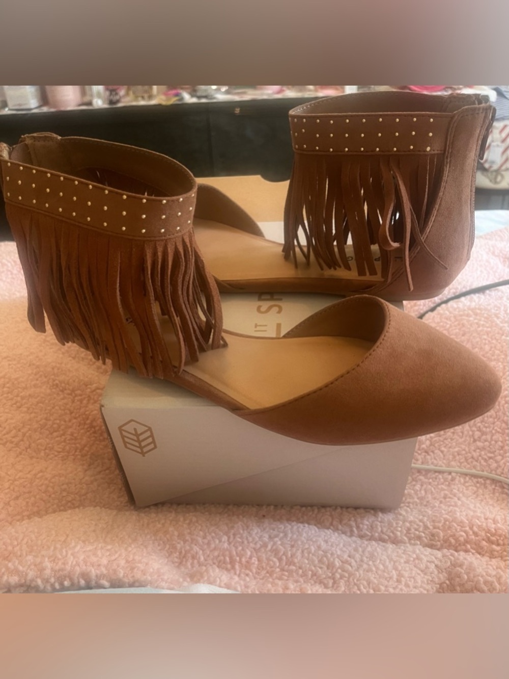 Brown Fringe Ankle Strap Flats
